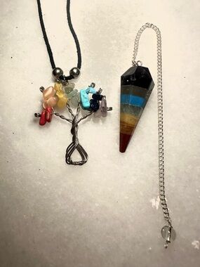 7 Chakra Tree of Life Necklace & Layered Stone Pendulum Set HANDMADE / NEW